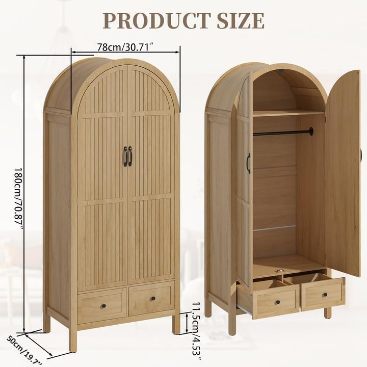 Lxsxlome Wardrobe Closet, Armoire Wardrobe Closet with Drawers and 2 Arched Fluted Doors, 70.87‘’ Tall Wooden Bedroom Armoires with Shelves and Hanging Rod (1, Wood Color) Lxsxlome