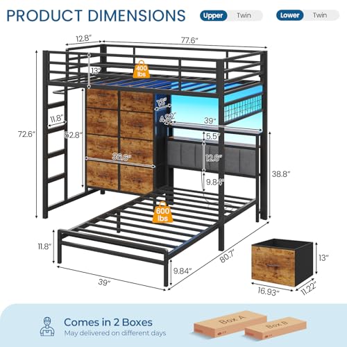 Twin Over Twin Bunk Bed with 8 Storage Drawers, Upholstered Storage Headboard, Charging Station and LED Lights, Heavy-Duty Metal Bunk Bed with Safety Guardrail & Ladder, Twin Bunk Beds for Kids, Teens mojiasion
