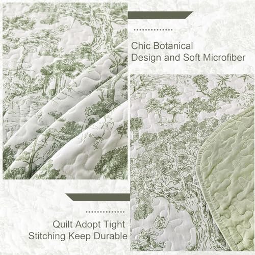 WONGS BEDDING Botanical Quilt Set Full Size, Sage Green 3 Pieces Toile Floral Plants Printed Bedspread Bedding Set Soft Lightweight Microfiber Coverlet Set for All Season (90"x78") WONGS BEDDING