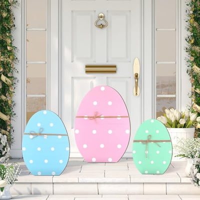 GlikCeil 3 Pcs Easter Wooden Porch Sign Easter Egg Standing Porch Sign Decoration Spring Rustic Outside Easter Decorations for Porch Welcome Decor Outdoor Party Lawn Garden Yard Entryway 12", 16", 21"