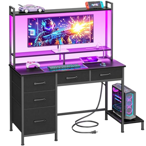 Korfile Computer Gaming Desk with Hutch, Home Office Desk with Power Outlets, LED Light, 5 Storage Drawers, 2 Tiers Shelves for Display, 39 Inch Modern Study Writing Table for Bedroom, Black Korfile