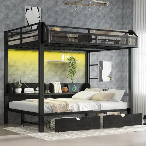 Bellemave Metal Full Over Full Size Bunk Bed Frame with Storage Drawers and Shelves,Heavy Duty Kids Bunk Beds with LED Lights and Charging Station for Teens,Adults,Convertible into a Sofa Bed,Black Bellemave