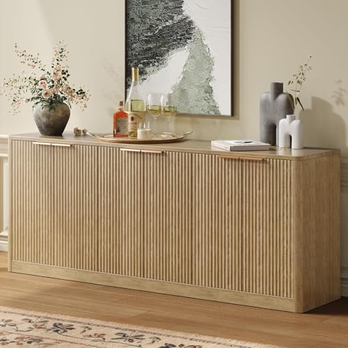 Evermagin 67" Fluted Oak Buffet Cabinet Sideboard with Storage, Large Credenza with 6 Doors, Wood Mid Century Modern Sideboard for Kitchen and Living Room (67"*31.5"*15.7") Evermagin