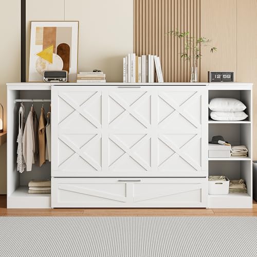 Ball & Cast Murphy Bed Twin Size Wall Chest with Bedside Shelves and Wardrobe,Wood Hideaway Cabinet Platform Bedframe w/Drawer & Bookcase,can be Folded,Space-Saving,for Small Room,Dorms,White Ball & Cast