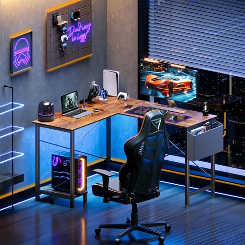 DUMOS L Shaped Desk Computer Gaming Corner Table 50 Inch Home Office Writing Student Work PC Workstation with Side Storage Bag CPU Stand for Bedroom Small Spaces DUMOS