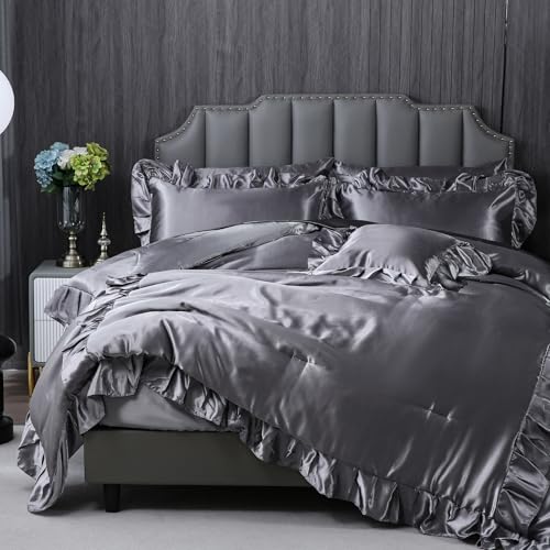 Herside Satin Comforter Set with Sheet Set Queen Size,8 Pieces Grey Ruffle Comforter Silk Like Satin Bedding Set,Soft Smooth Luxury Silky Quilt Set with 1 Cushion Cover All Season Herside