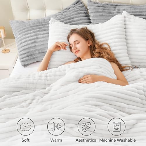 BEDELITE Fleece King Comforter Set -Super Soft & Warm Fluffy Bright White Bedding, Luxury Fuzzy Heavy Bed Set for Winter with 2 Pillow Cases BEDELITE