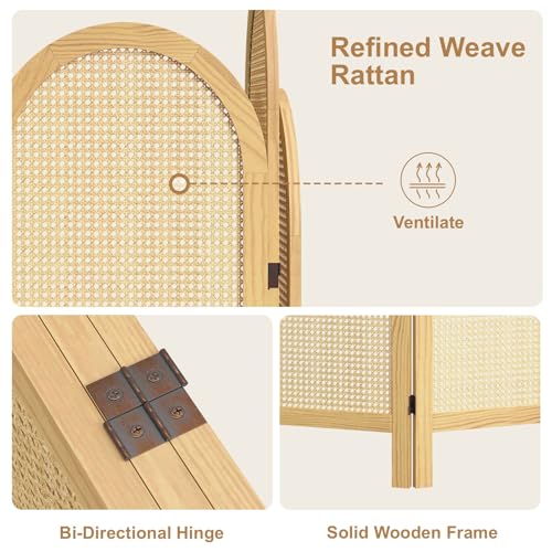 Svimi Folding Room Divider 3 Panels, 5.6 Ft Double Hinged Rattan and Pine Wood Privacy Screen, Freestanding Partition for Bedroom, Living Room, Home Office Decor (Natural-Wave, 3 Panels) Svimi
