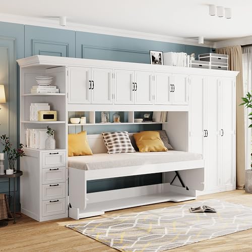 Merax Murphy Bed Wall Bed with Wardrobe, Cabinet and Desk, Twin Size, White Merax