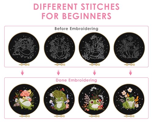 TINDTOP 4 Pack Embroidery Kit for Adult, Embroidery DIY Starter Kit, with Stamped Patterns, Hoop, Tools, Colorful Threads with Needles, Instructions