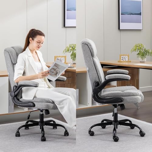 BRTHORY Office Chair High Back Ergonomic Executive Computer Desk Chair Comfortable Fabric Padded Home Office Desk Chairs with Flip-up Arm Rest Adjustable Height Swivel Wheels (Grey) BRTHORY