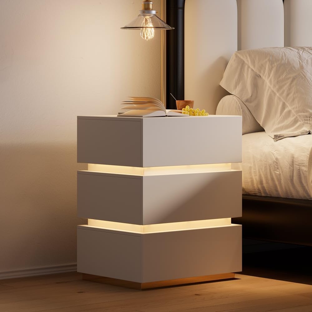 homary Modern Smart Nightstand with Wireless Charging Station, Bedside Table with 3 Drawers, White Night Stand with LED Light homary