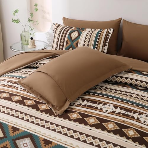Dinjoy Brown Boho Comforter Set Queen Size,7 Pieces Bed in a Bag Queen Coffee Aztec Bedding Sets with Sheets Bohemian Geometric Striped Complete Set for Fall Winter 90"x90" Dinjoy