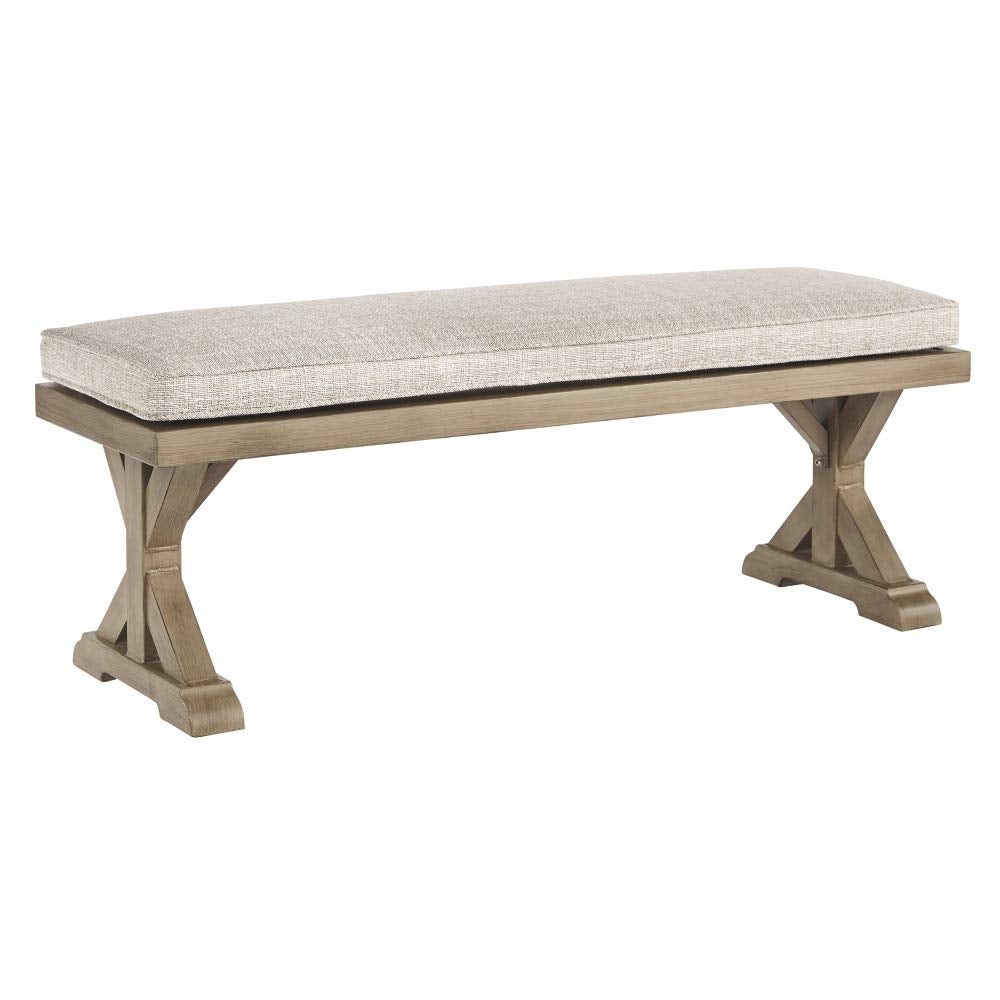 Signature Design by Ashley Beachcroft Patio Farmhouse Outdoor Upholstered Dining Bench, Beige Signature Design by Ashley