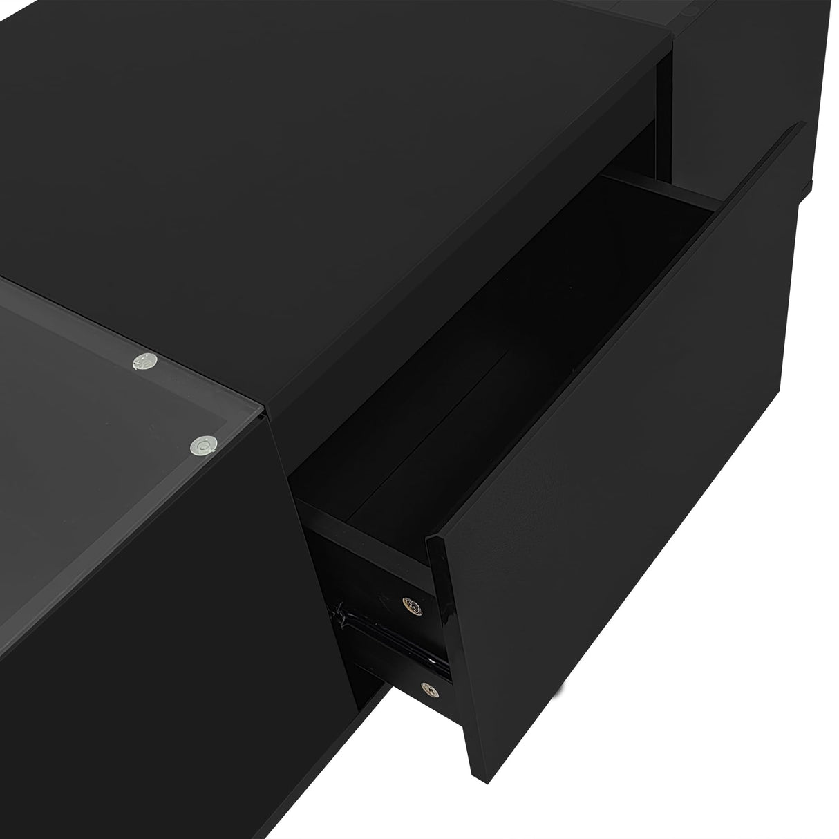 Black 2-Tier Rectangular Table with Tempered Glass Top and Drawers, LED Coffee Table with Storage, Modern High Gloss Black Coffee Table RuiSiSi