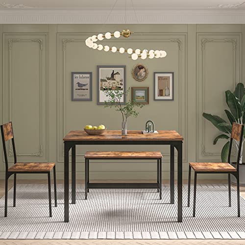 soges 4 Pieces Dining Table Set, 43.3 inch Kitchen Table Set for 4, Dining Set with 2 Chairs and Bench with Storage Rack, Nesting Furniture Set for Dining Room, Kitchen, Restaurant, Rustic Brown soges