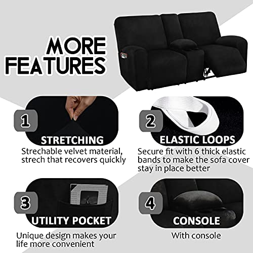 ULTICOR Reclining Loveseat with Middle Console Slipcover, 8-Piece Velvet Stretch Loveseat Reclining Sofa Covers, 2 Thick, Soft, Washable, Covers ONLY (Black) ULTICOR