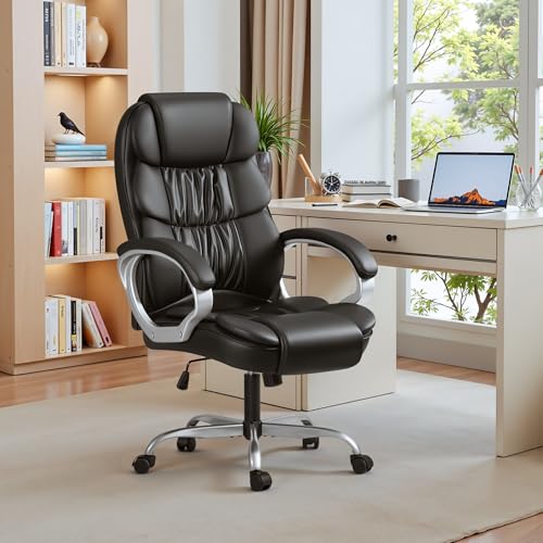 Homall Office Chair High Back Computer Desk Chair, PU Leather Adjustable Height Modern Executive Swivel Task Chair with Padded Armrests and Lumbar Support (Black) Homall