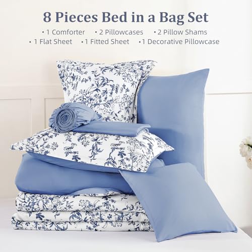 WONGS BEDDING Blue Floral Comforter Set King Size, 8 Pieces Flower Botanical Bed in a Bag Bedding Set, Soft Microfiber Comforter, Sheets, Pillowcases & Shams (90"x104") WONGS BEDDING