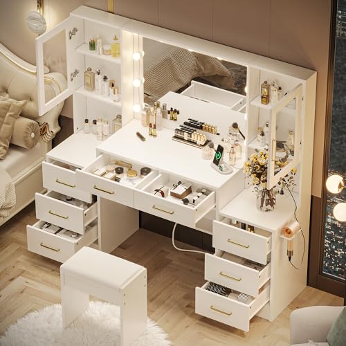58.3" Large Vanity Desk with Mirror & Lights, Makeup Vanity with 10 LED Lights, 8 Metal Sliding Drawers & 2 Cabinets, White Vanity Set with Stool & Power Outlet 3 Lighting Modes Adjustable Brightness UGTOO