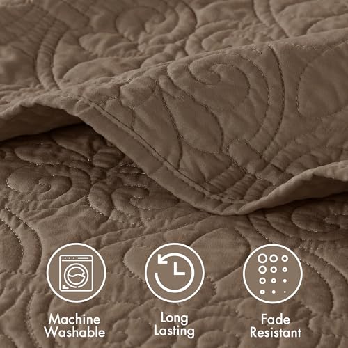 Madison Park Quebec Quilt Set - Luxurious Damask Stitching Design, Cotton Filled Lightweight Coverlet Bedspread Bedding, Shams, Full/Queen(90"x90"), Mocha 3 Piece Madison Park