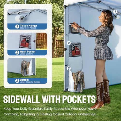 CROWN SHADES Canopy Tent 10x10 Pop Up Canopy Outdoor Shade with Pockets Sidewall, Easy Up Sun Shelter with One Person Set Up Center Lock, Portable Instant Camping Beach Canopy Tents, Grid White CROWN SHADES