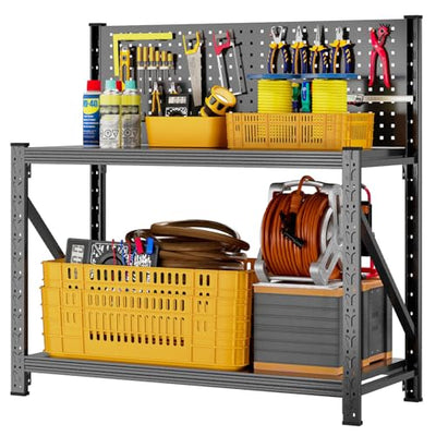 Widened Heavy Duty Workbench with Pegboard, 3000LBS Capacity Work Table with Reinforce Stable Side Beams, Metal Workstation for Garage Warehouse Workshop Office, 47.2" H x 47.2" W x 18.9" D, Black