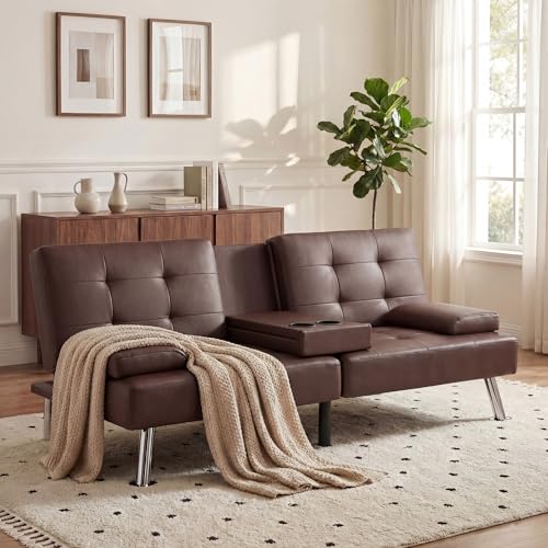 YESHOMY Modern Futon Sofa Bed, Convertible Futon Couch with Adjustable Backrest, Futon Loveseat Sleeper Sofa Bed with Armrest for Living Room, Small Spaces,PU Leather, Brown YESHOMY
