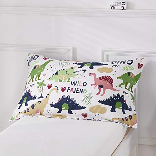 Joyreap 4 Piece Toddler Bedding Set, Dinosaur Theme Printed on White, Standard Size Includes Quilted Comforter, Fitted Sheet, Top Sheet, and Pillow Case for Boys n Girls Joyreap