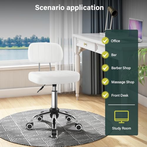 BFTOU White Square Swivel Stool with Wheel for Work SPA Shop Massage Height-Adjustable and Cost-Effective Rolling Stool Chair with Back BFTOU