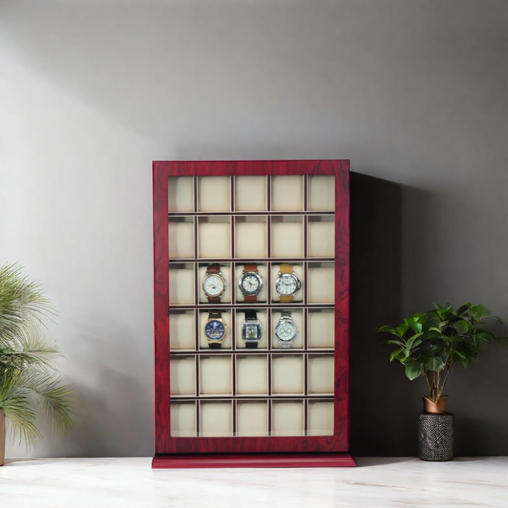 TimelyBuys 30 Piece Cherry Wood Watch Display Wall Hanging Case and Storage Organizer Box and Stand Father's Day TimelyBuys