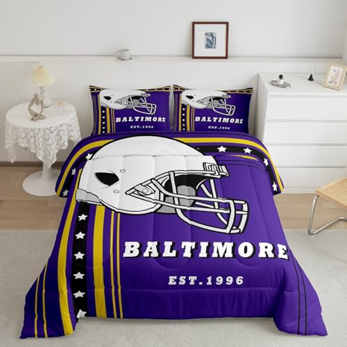 Erosebridal Sports Team Comforter Set, Twin 2Pcs | Purple & Gold Striped Stars Bedding Set, Football City Kids Bedding, Classic Rugby Game Duvet Insert - Inspired by Sports Fans Team Colors Erosebridal