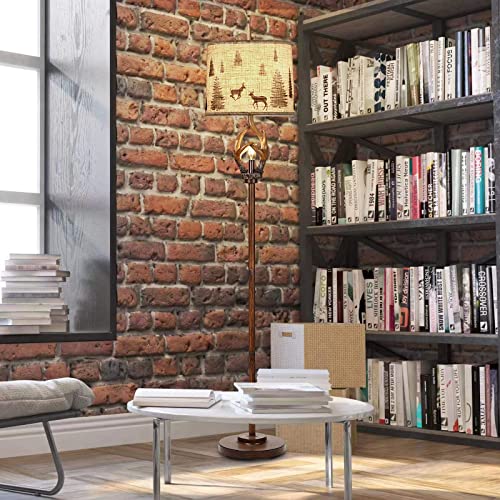 Scenekoy Rustic Farmhouse Antlers Floor Lamp with Nightlight Brown Finish Round Shade Lamps for Living Room Bedroom Office Study House Scenekoy