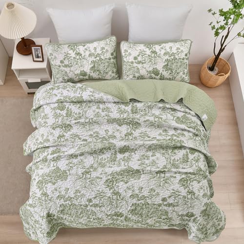 WONGS BEDDING Botanical Quilt Set King, Sage Green 3 Pieces Toile Floral Plants Printed Bedspread Bedding Set Soft Lightweight Microfiber Coverlet Set for All Season (104"x90") WONGS BEDDING