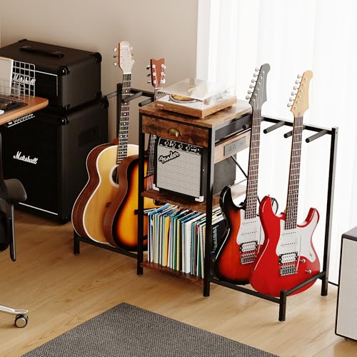 Homeiju 6-Guitar Floor Stand with Charging Station & 3-Tier Storage, Guitar Rack with Amp Stand & Cloth Drawer, Rubber Protected Guitar Holder for Studio/Home , Heavy Duty Metal Frame Homeiju