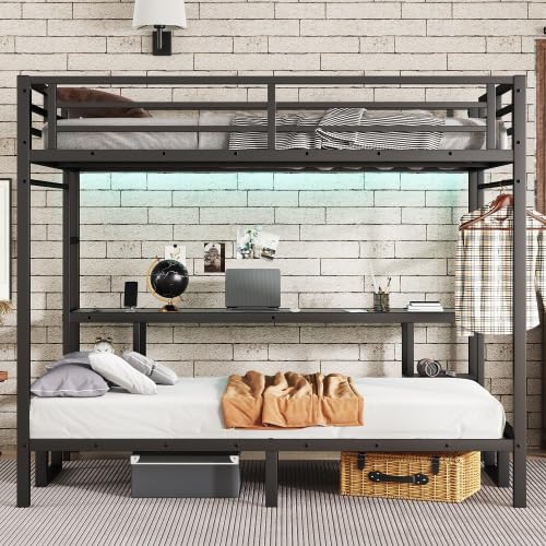 JIJIWANG Queen Over Twin XL Bunk Bed with Desk and Charging Station Metal Loft Bed with Led Lights and Shelves Multiple Uses Folds into Sofa, Black JIJIWANG