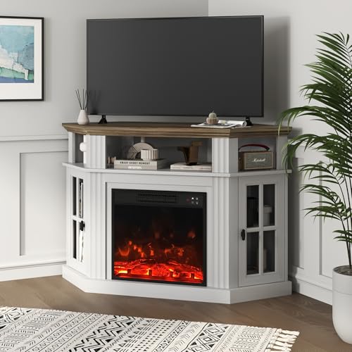YESHOMY Corner Fireplace TV Stand for Television up to 55" with Storage Cabinets, Entertainment Center, Media Console for Living Room, Bedroom, White&Rustic YESHOMY