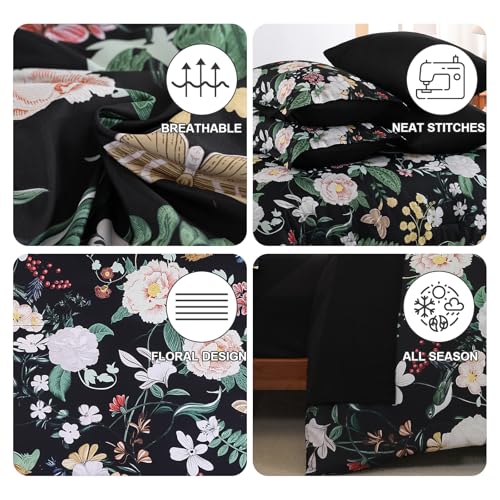 Anibedding 7Pieces Floral Queen Size Comforter Set, Garden Plant Flower Style Bed in a Bag Black White Bedding Comforter Set with Pillow Case for Bedroom Anibedding