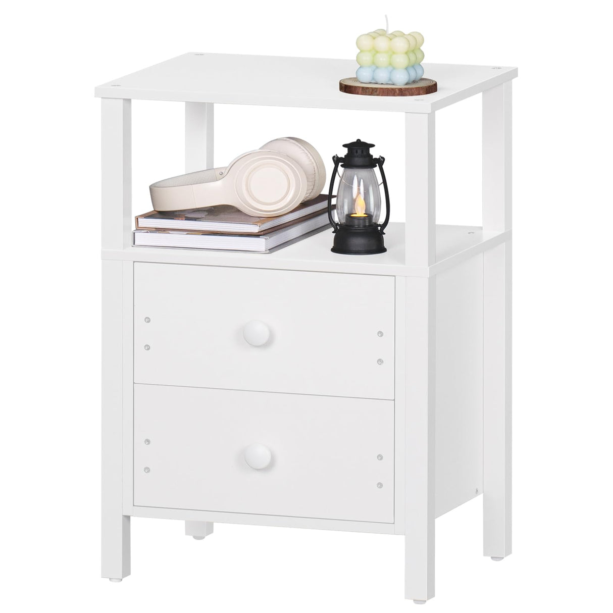 Lerliuo White Night Stand, Small Nightstand with 2 Wood Drawers and Storage Shelf, Modern Bedside Table with Wooden Frame, Rustic Couch Nightstand for Small Spaces, Narrow End Tables for Bedroom Lerliuo