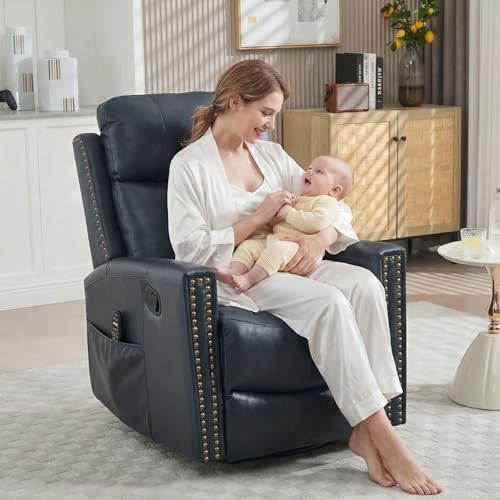 Genuine Leather Swivel Rocker Recliner Chair for Adults, Manual Glider Rocking Chair for Nursery with Vibration Massage & Lumbar Heat, Rivet Design Single Sofa for Living Room, Blue