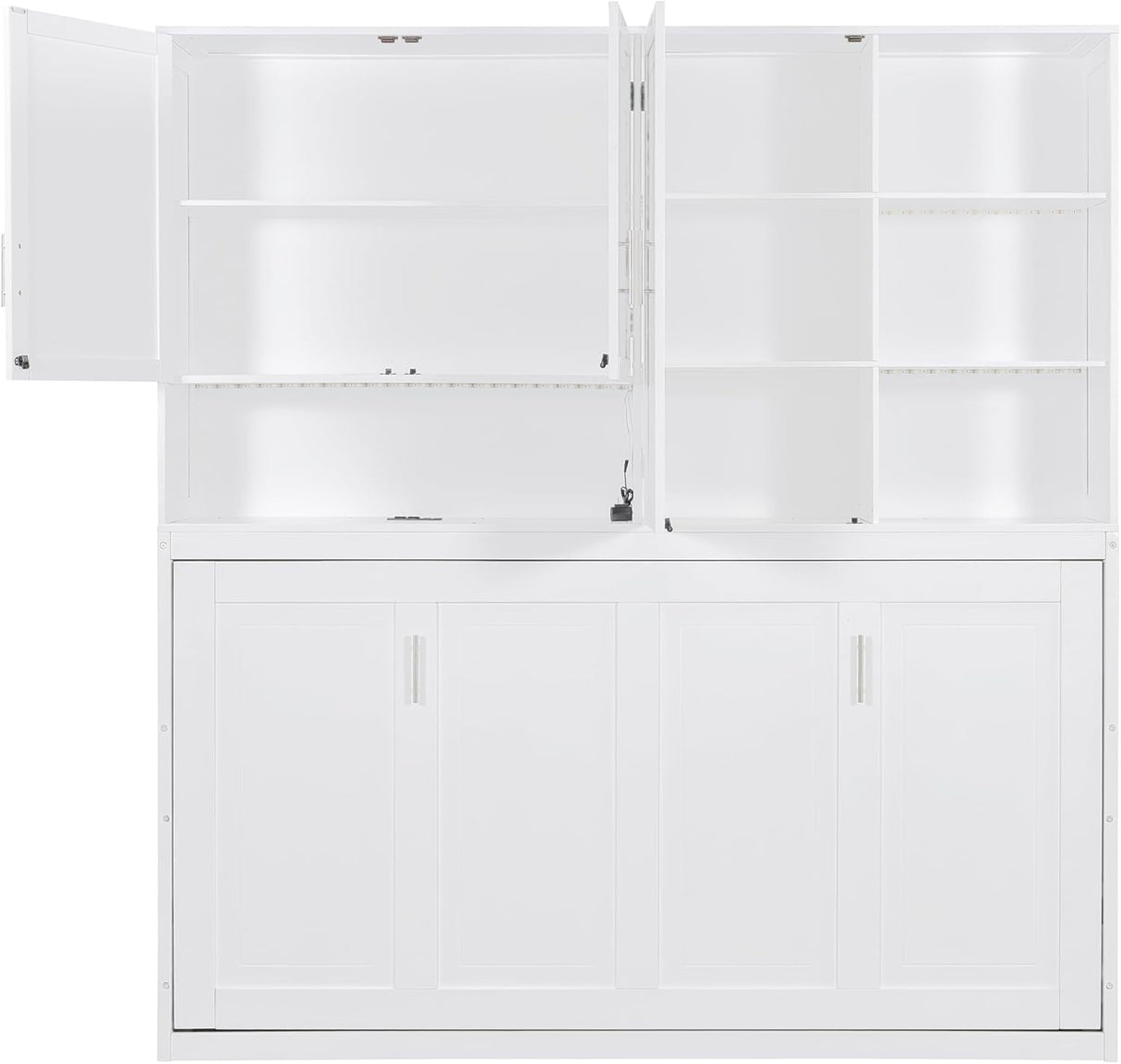 Twin Horizontal Murphy Bed with Storage Cabinet, LED Light and Charging Station,Wood Folding Murphy Wall Bed Cabinet with Bookcase and Shelves for Adult (White) MERITLINE