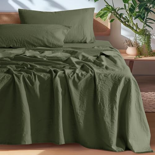 SONORO KATE 100% French Pure Linen Queen Size Sheets, Breathable and Durable, 16 Inch Deep Pocket - 4 Piece (Olive Green) SONORO KATE