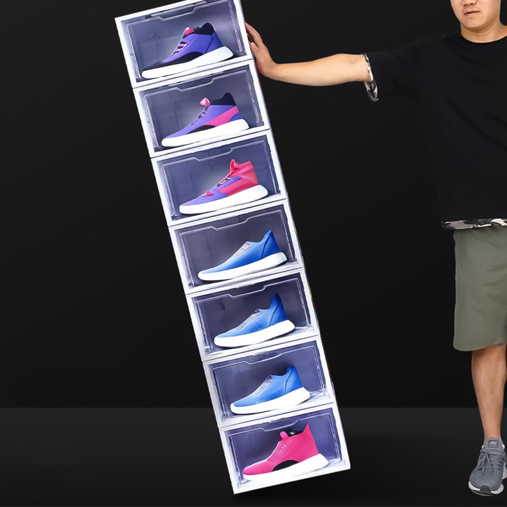 JNTKE 2 Packs LED Sneakers Boxes, Stackable Clear Shoe Display Cases, Plastic Shoe Storage Organizer for Closet, Magnetic Open Collection Storage Containers with Lids, White JNTKE