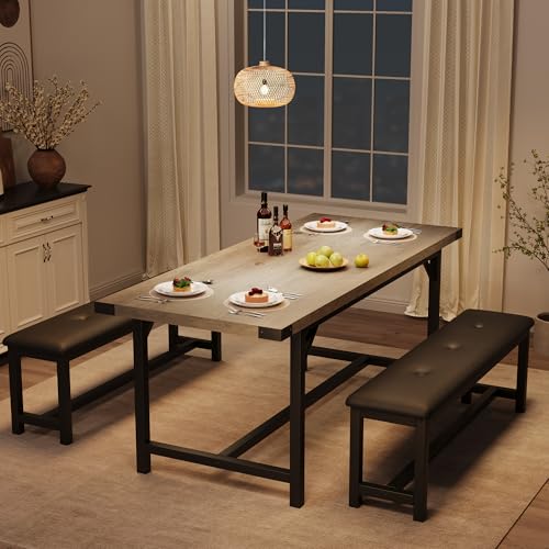 SLEKVERSA 3-Piece Dining Table Set for 4-6 People, Extendable Kitchen Table Set with 2 Upholstered Benches, Dining Room Table Set for Apartment, Kitchen, Living Room, Gray SLEKVERSA