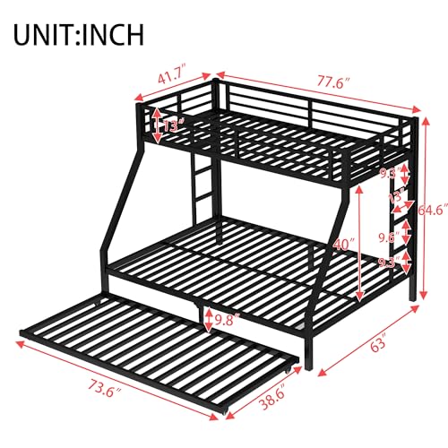 Bellemave Metal Twin XL Over Queen Bunk Beds with Trundle,Heavy Duty Bunk beds Frame for Adults,Kids,Teens,Space-Saving,Black Bellemave
