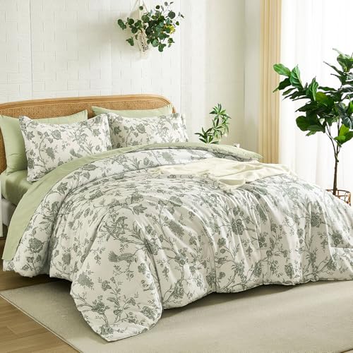 Luxudecor Floral King Comforter Set 7 Pieces Bed in a Bag, Sage Green Flower with Bird Bedding Set, Soft Reversible Comforter with Sheet Set 104"x90" Luxudecor