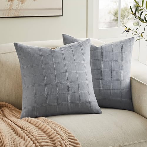 ZeeMart Linen Checked Throw Pillow Covers Set of 2, 18x18 Inch Blue Ashes/Cream, Farmhouse Decorative Single Sided Grid Embroidered Couch Pillow Cases Blue Grey Cotton Linen Cushion Covers ZeeMart