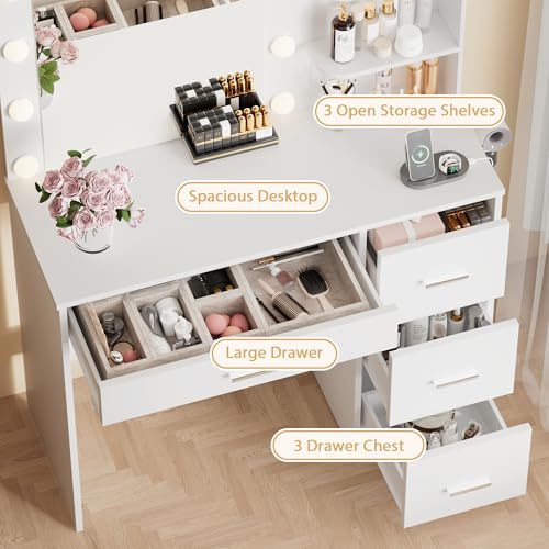 Furmax Vanity Desk with LED Lighted Mirror&Power Outlet, Makeup Vanity Table with 4 Drawers, 3 Open Storage Shelves, and 3 Color Modes, for Bedroom (Pure White) Furmax