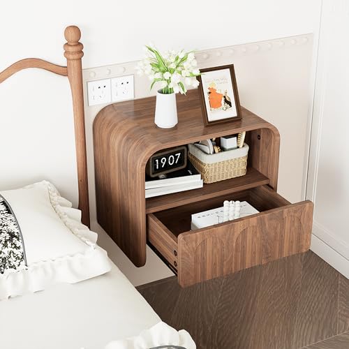 Floating Nightstand Set of 2, Small Night Stand with Drawer and Open Storage Shelf, Modern Wall Mounted Bedside Table, Farmhouse Wooden Nightstands for Bedroom, Living Room Jimmhome