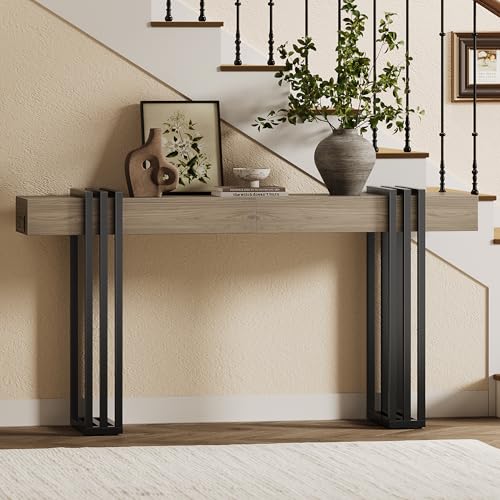 Curlaky 63" Long Console Table for Entryway - Behind Couch Table for Living Room, Wood Sofa Tables with Black Parallel Metal Frame & Power Outlet for Hallway, Entrance, Narrow Foyer, Light Walnut Curlaky